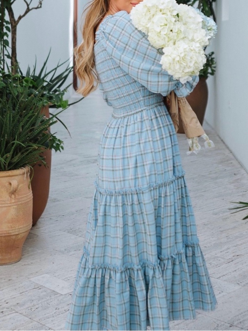 Ivy City Light Blue Plaid Tiered Maxi Dress